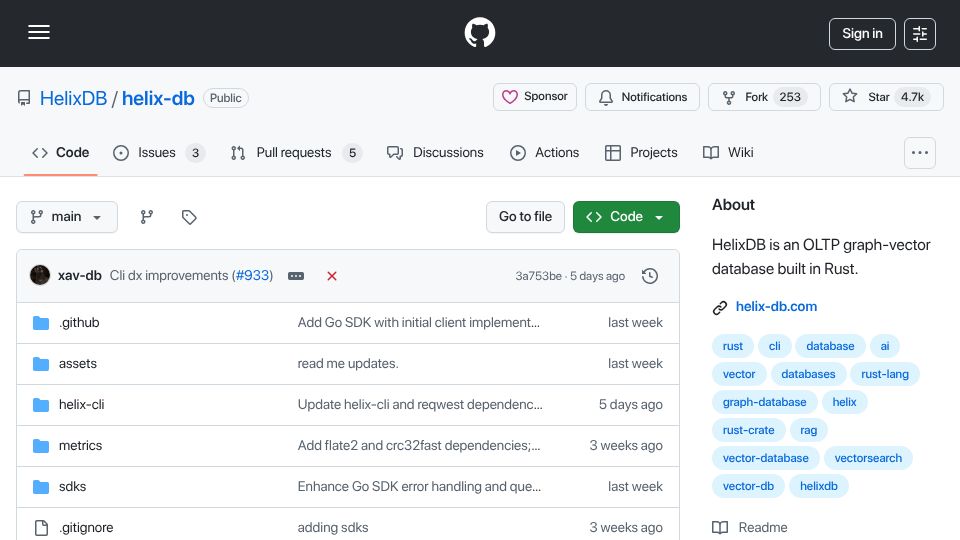 Screenshot of github.com: Show HN: HelixDB – A graph database built on object storage