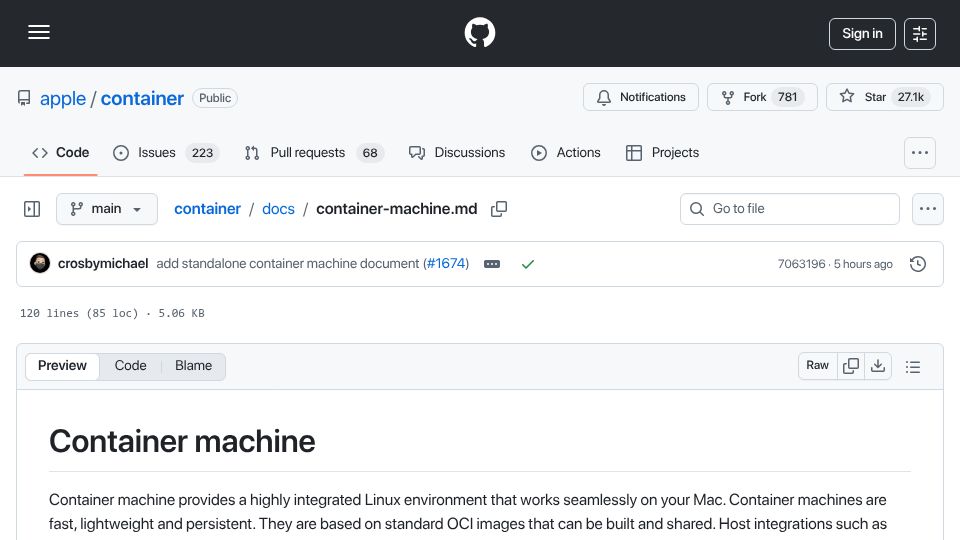 Screenshot of github.com: macOS Container Machines