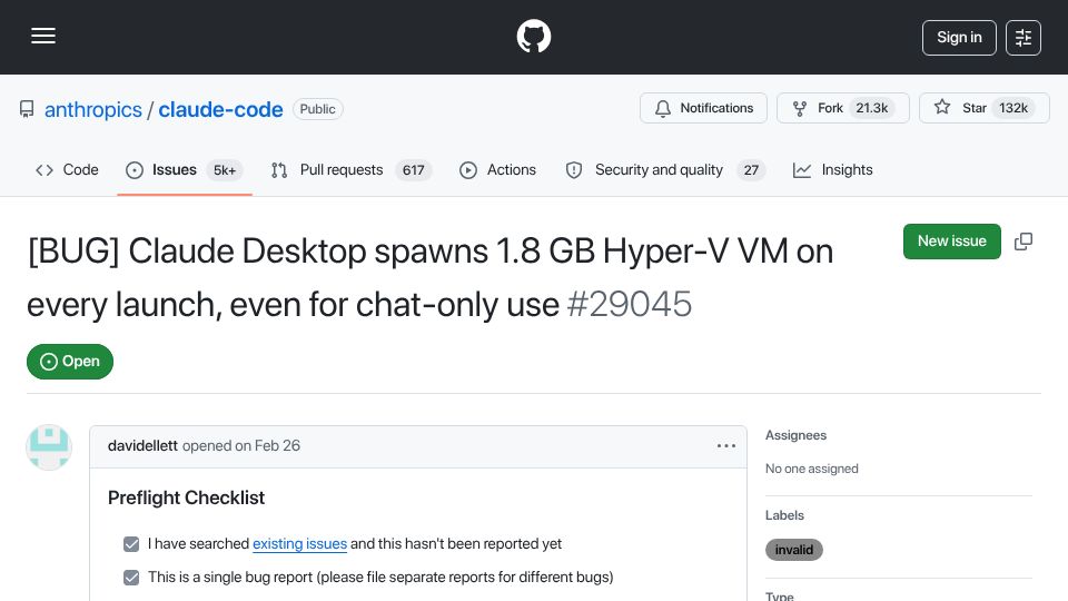 Screenshot of github.com: Claude Desktop spawns 1.8 GB Hyper-V VM on every launch, even for chat-only use