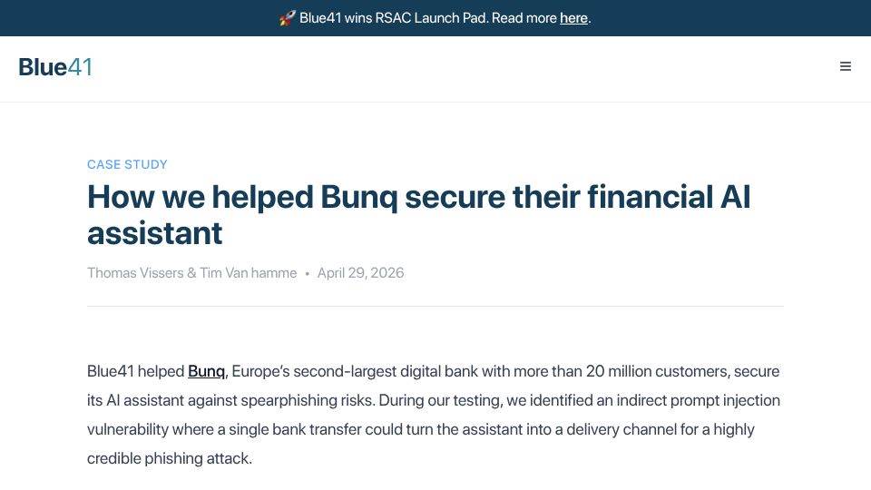 Screenshot of blue41.com: A €0.01 bank transfer could compromise a banking AI agent