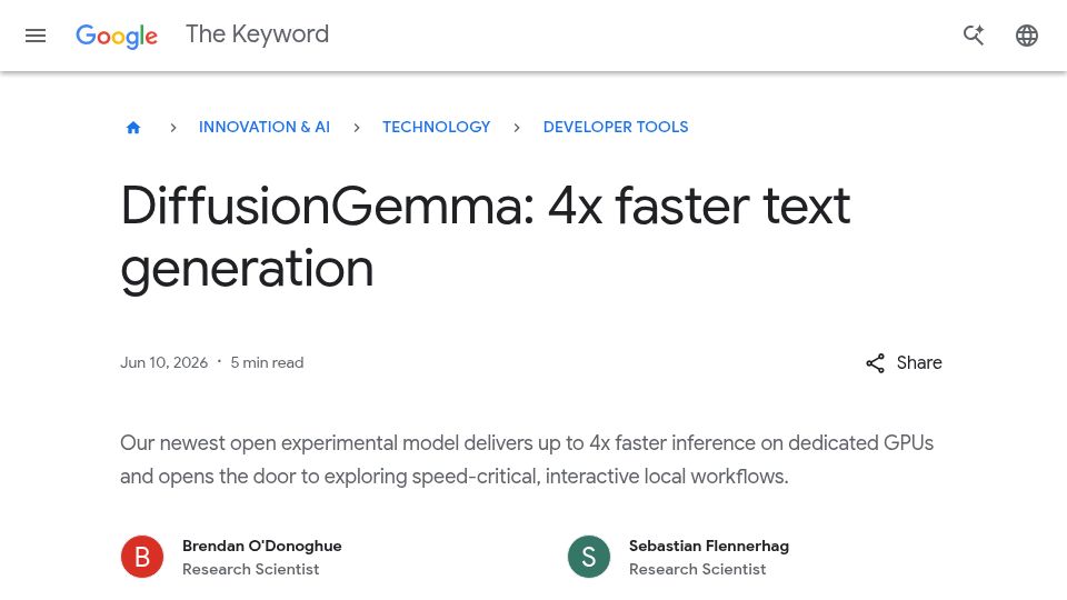 Screenshot of blog.google: DiffusionGemma: 4x Faster Text Generation