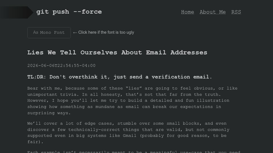 Screenshot of gitpush--force.com: Lies we tell ourselves about email addresses