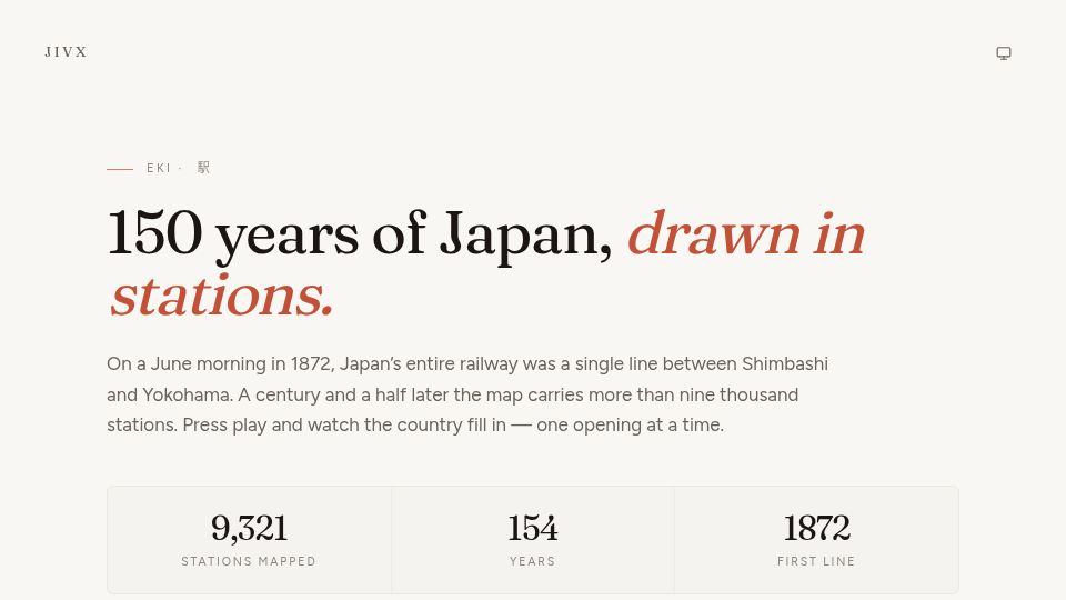 Screenshot of jivx.com: All 9,300 Japanese train station, animated by the year it opened (1872–2026)