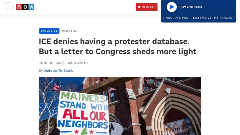 Screenshot of npr.org: ICE denies having a protester database. A letter to Congress sheds more light