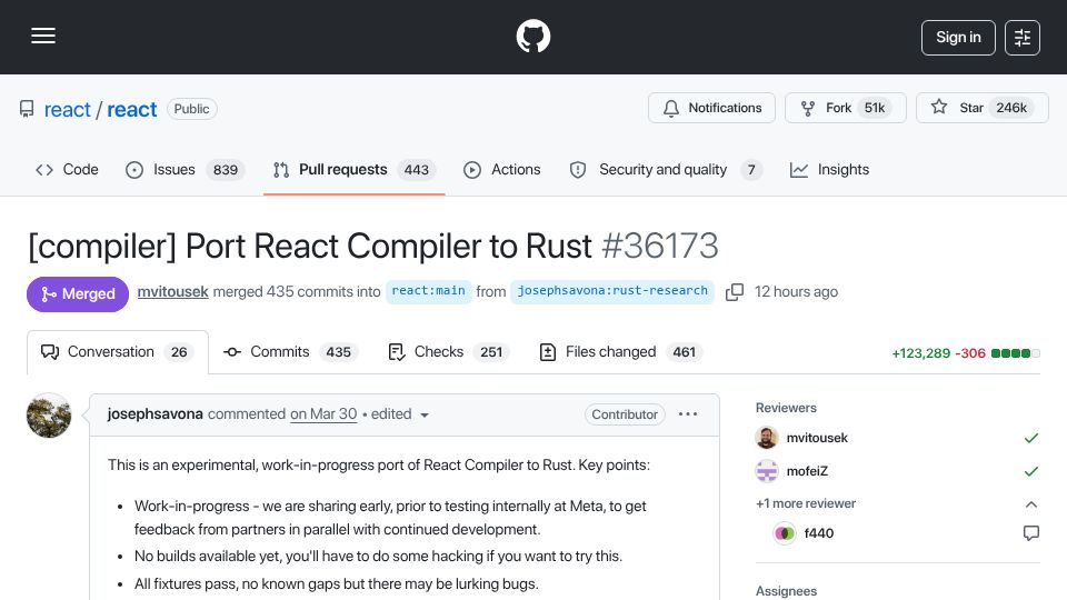 Screenshot of github.com: Port React Compiler to Rust