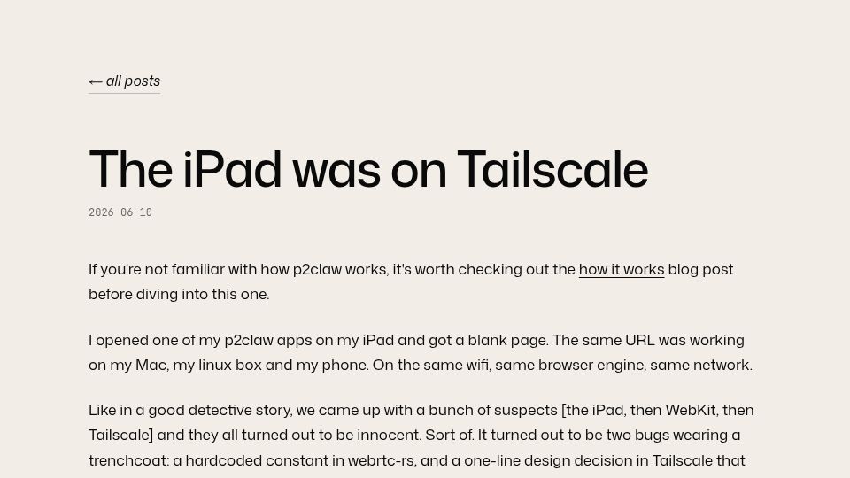 Screenshot of p2claw.com: The iPad was on Tailscale: a WebRTC debugging story