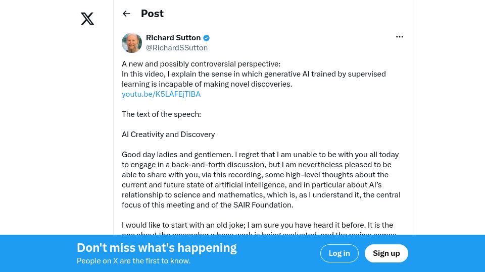 Screenshot of twitter.com: Rich Sutton on AI creativity and discovery