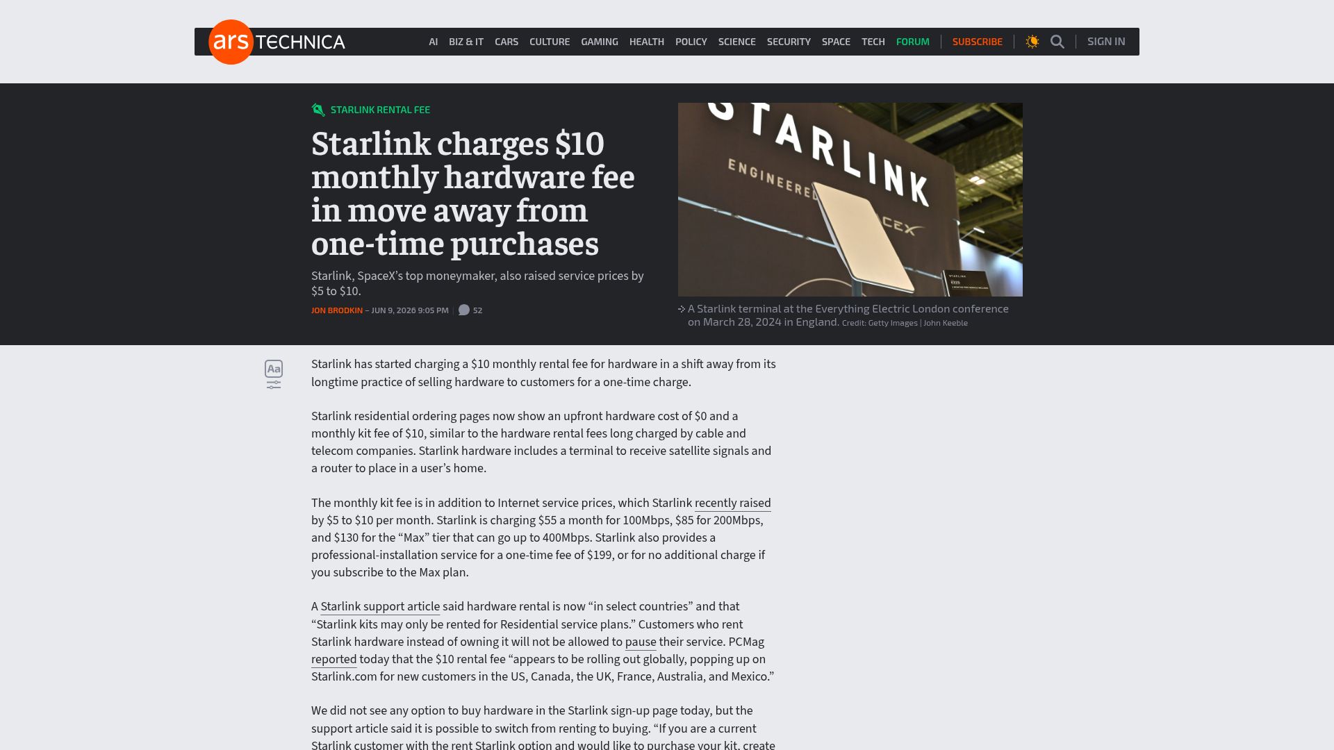 Screenshot of arstechnica.com: Starlink shifts hardware from one-time purchase to $10/month rental