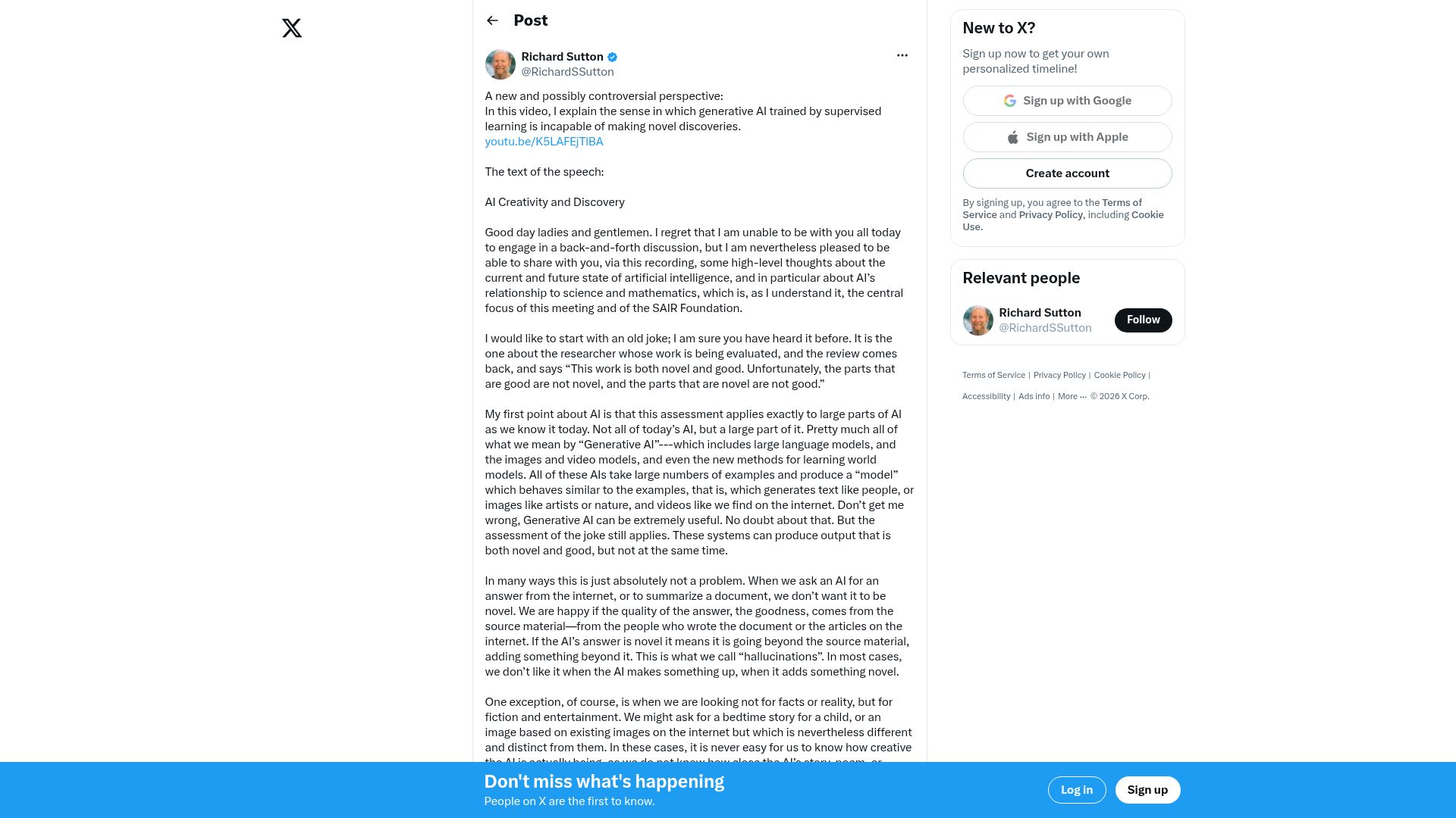 Screenshot of twitter.com: Rich Sutton on AI creativity and discovery