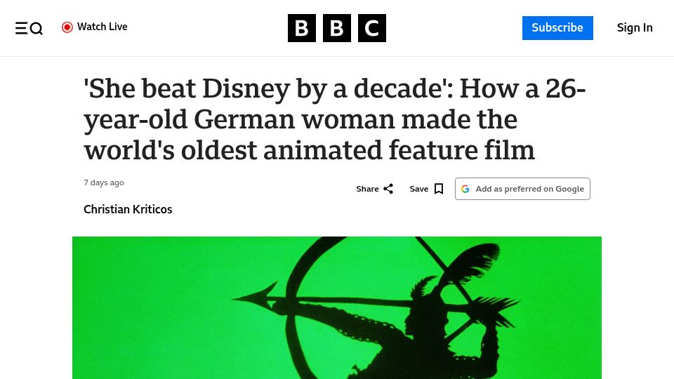 Screenshot of bbc.com: The oldest surviving animated feature film at 100
