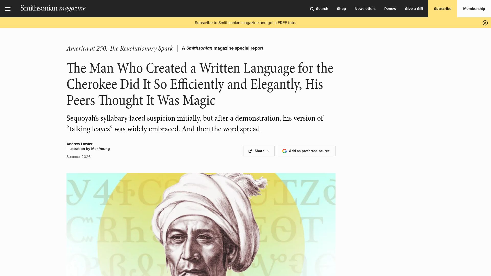 Screenshot of smithsonianmag.com: Sequoyah’s syllabary created a written language for the Cherokee
