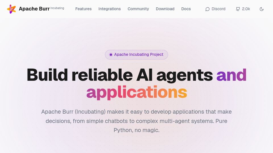 Screenshot of burr.apache.org: Apache Burr: Build reliable AI agents and applications