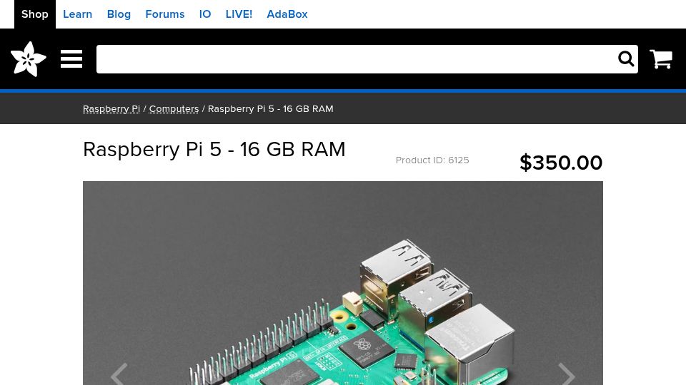 Screenshot of adafruit.com: Raspberry Pi 5 – 16GB RAM