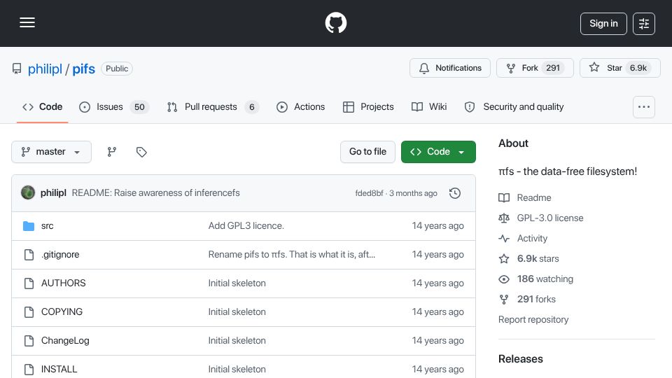 Screenshot of github.com: πFS