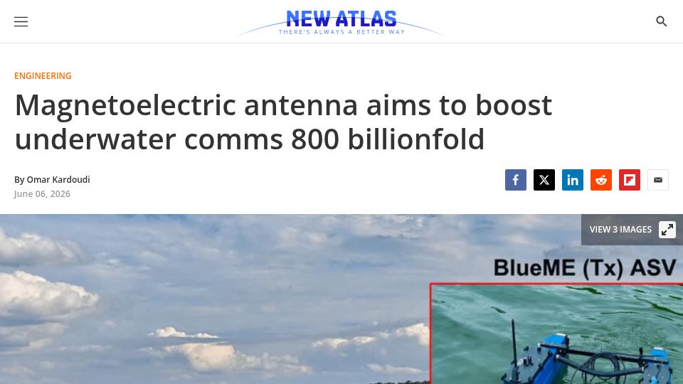 Screenshot of newatlas.com: Magnetoelectric antennas could transform how underwater robots talk