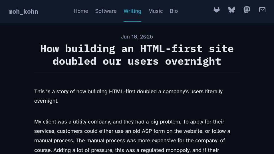 Screenshot of mohkohn.co.uk: Building an HTML-first site doubled our users overnight