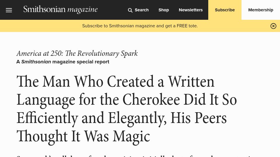 Screenshot of smithsonianmag.com: Sequoyah’s syllabary created a written language for the Cherokee