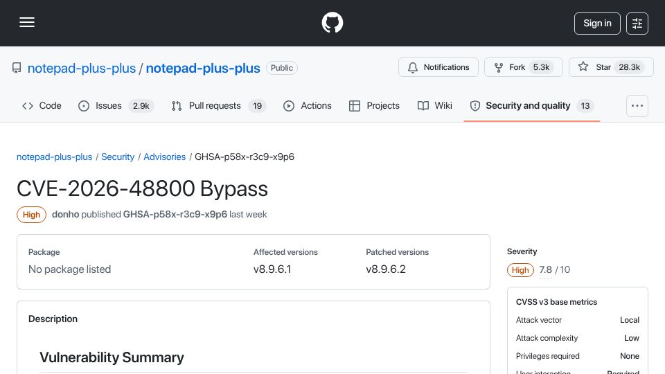 Screenshot of github.com: Notepad++ Zero-Click RCE via Path Traversal (CVE-2026-52884)