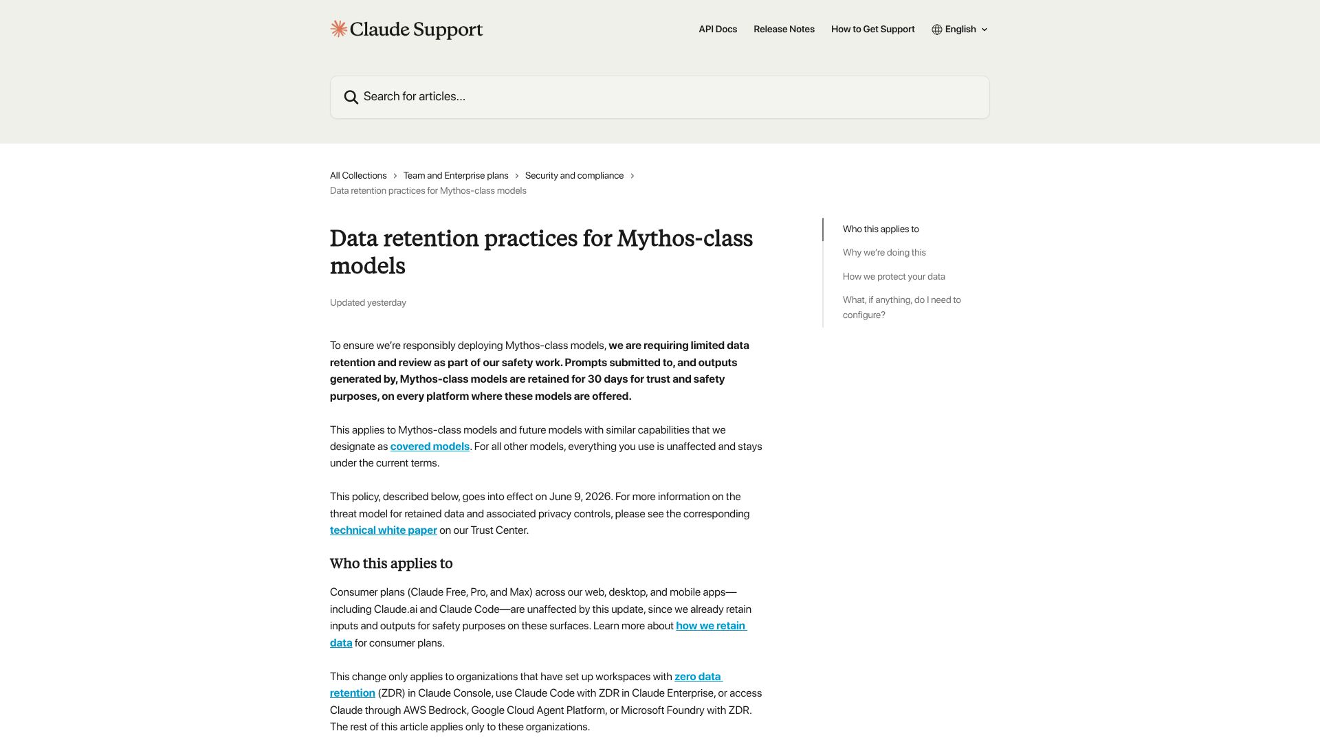 Screenshot of support.claude.com: Anthropic requires 30 day data retention for Fable and Mythos