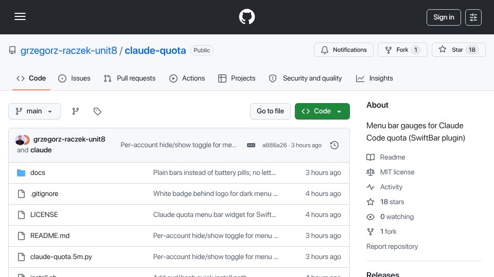 Screenshot of github.com: Show HN: macOS menu bar gauges for your Claude Code quota