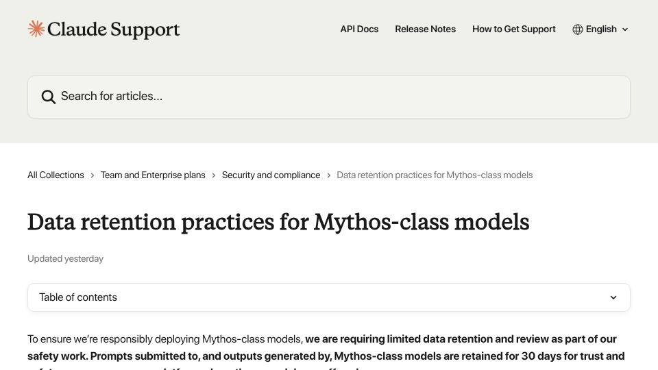 Screenshot of support.claude.com: Anthropic requires 30 day data retention for Fable and Mythos