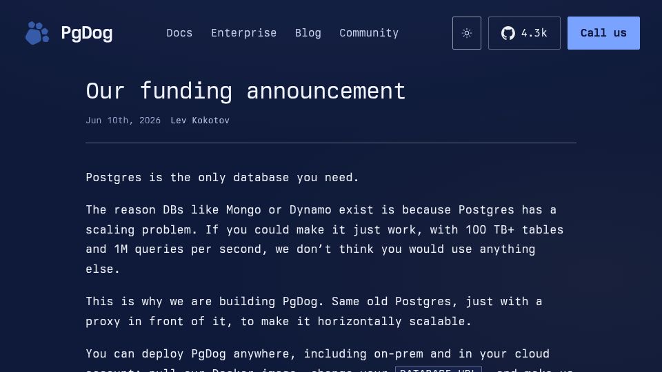 Screenshot of pgdog.dev: PgDog is funded and coming to a database near you