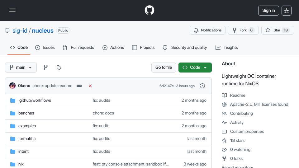 Screenshot of github.com: Show HN: Nucleus – A security-hardened, Nix-native container runtime