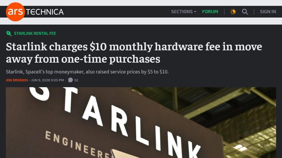 Screenshot of arstechnica.com: Starlink shifts hardware from one-time purchase to $10/month rental