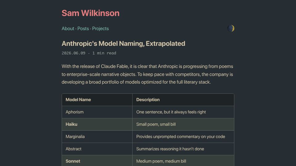 Screenshot of samwilkinson.io: Anthropic's model naming, extrapolated