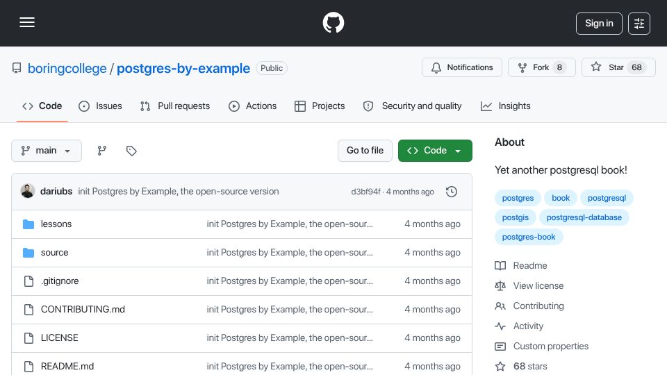 Screenshot of github.com: Postgres by Example