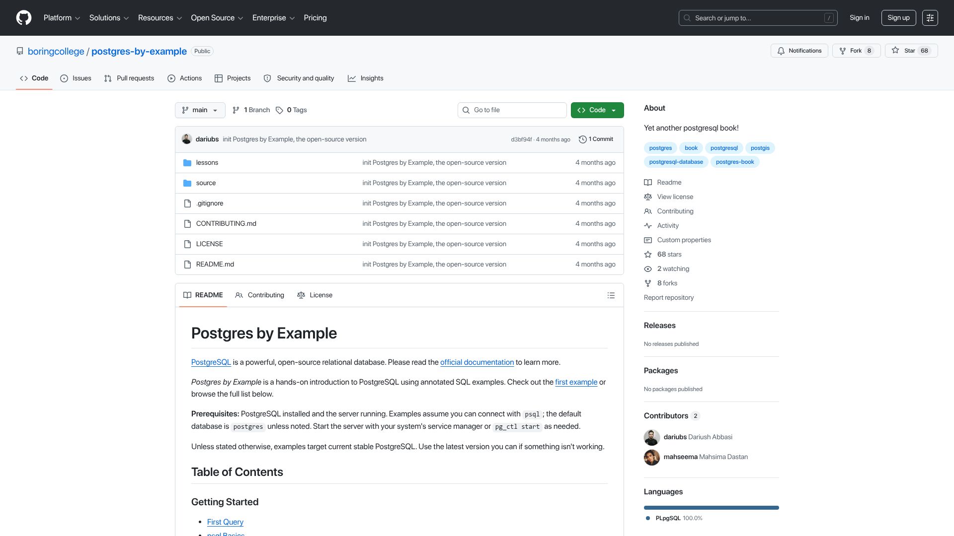 Screenshot of github.com: Postgres by Example