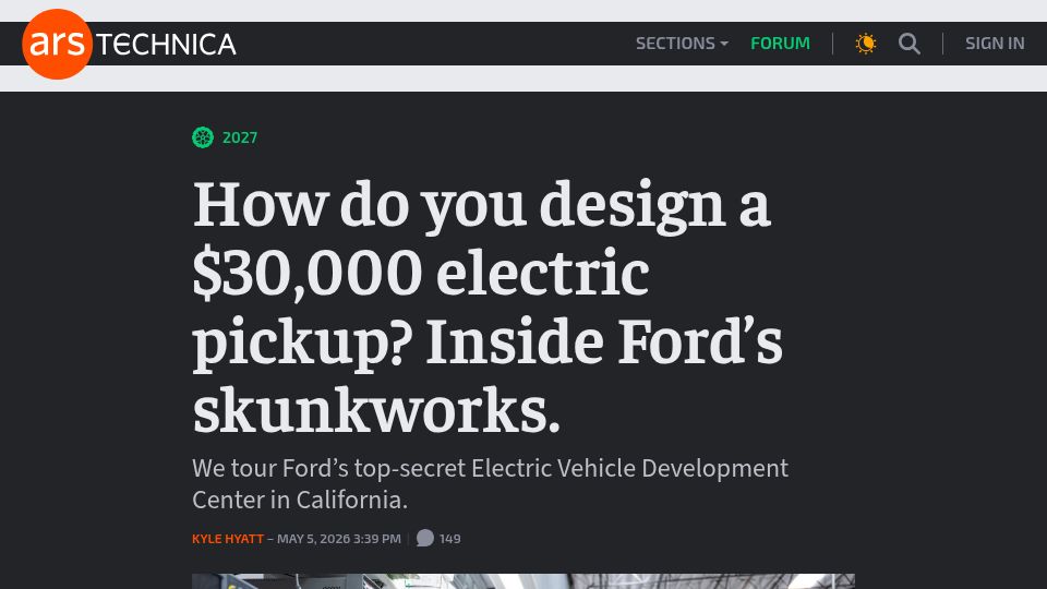 Screenshot of arstechnica.com: How do you design a $30k electric pickup? Inside Ford's skunkworks