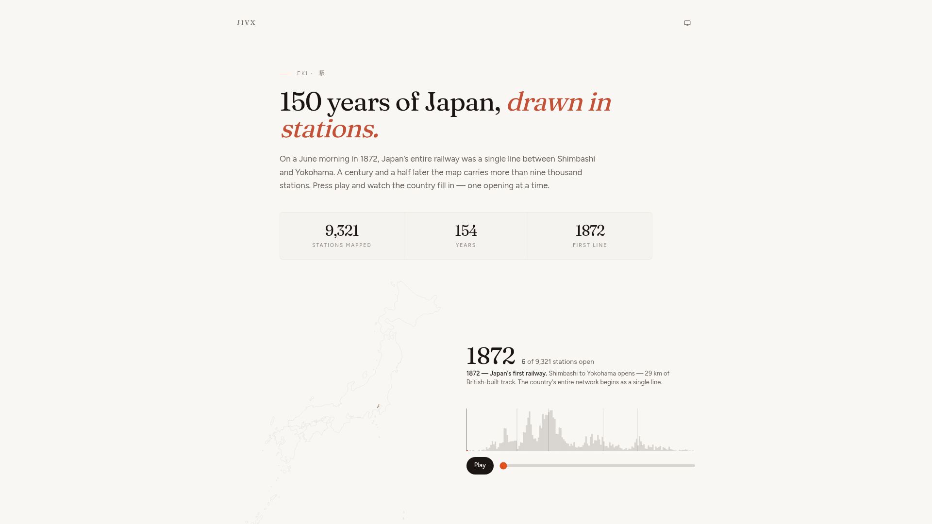 Screenshot of jivx.com: All 9,300 Japanese train station, animated by the year it opened (1872–2026)
