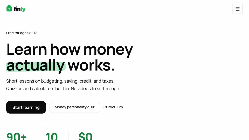 Screenshot of learnfinly.com: Free financial literacy platform for kids – 90 lessons, no paywall