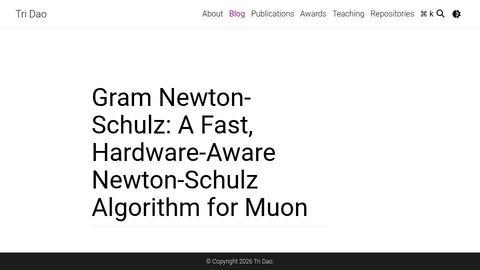 Screenshot of tridao.me: Gram Newton-Schulz: A Fast, Hardware-Aware Newton-Schulz Algorithm for Muon