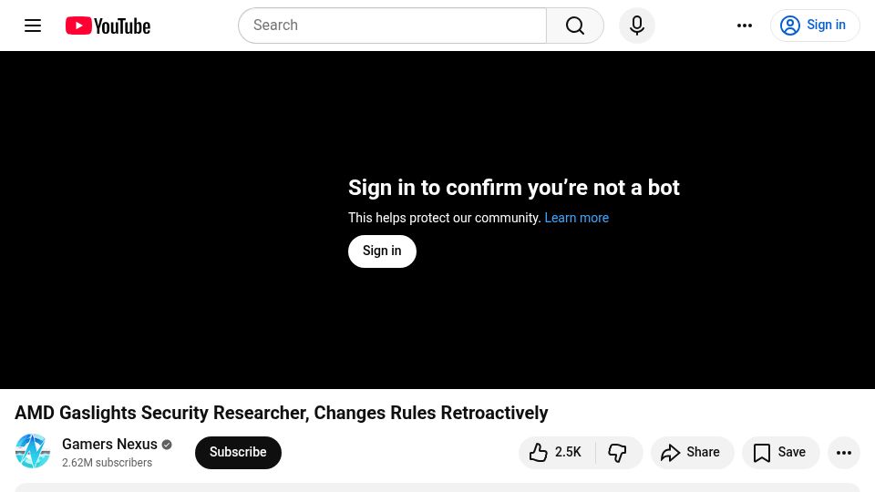 Screenshot of youtube.com: AMD Gaslights Security Researcher, Changes Rules Retroactively [video]