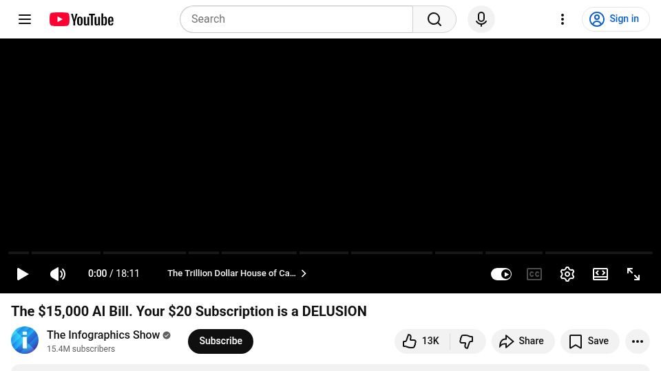 Screenshot of youtube.com: The $15,000 AI Bill. Your $20 Subscription is a DELUSION [video]