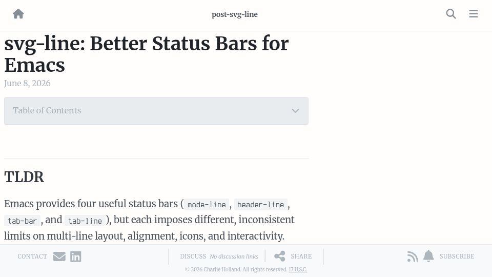 Screenshot of chiply.dev: SVG-Line: Better Status Bars for Emacs – Charlie Holland's Blog