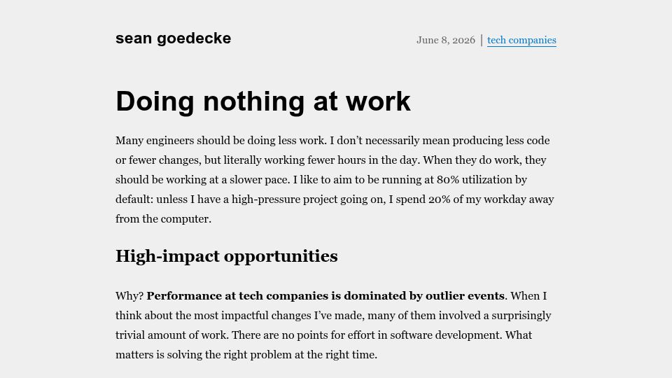 Screenshot of seangoedecke.com: Doing nothing at work