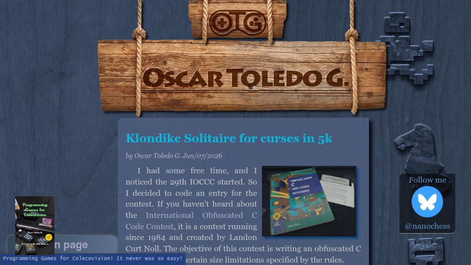 Screenshot of nanochess.org: Klondike Solitaire game for curses in 5k of C