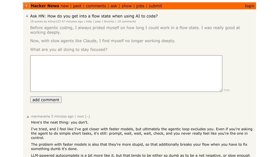 Screenshot of Hacker News post: Ask HN: How do you get into a flow state when using AI to code?