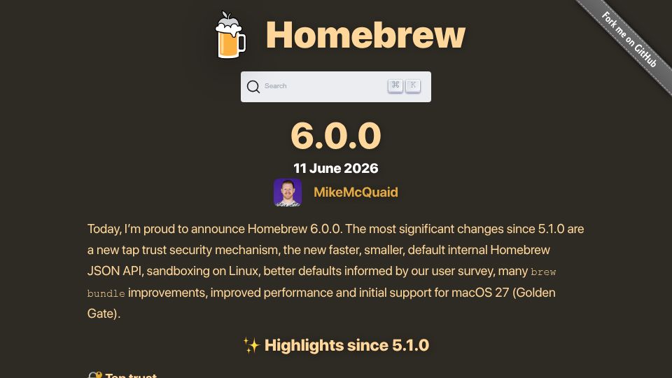 Screenshot of brew.sh: Show HN: Homebrew 6.0.0