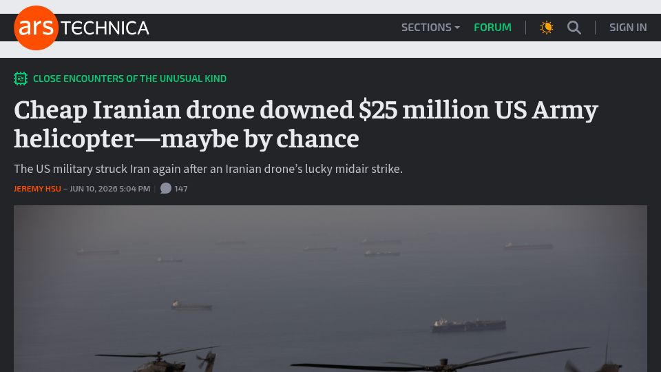 Screenshot of arstechnica.com: Cheap Iranian drone downed $25M US Army helicopter–maybe by chance