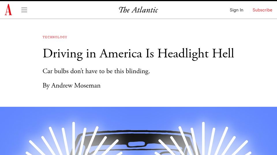 Screenshot of theatlantic.com: Car headlights don't have to be this blinding