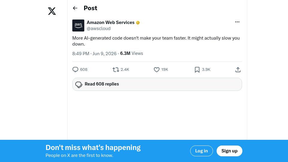 Screenshot of twitter.com: More AI-generated code doesn't make your team faster. It might slow you