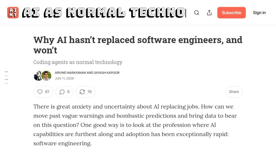Screenshot of normaltech.ai: Why AI hasn't replaced software engineers, and won't
