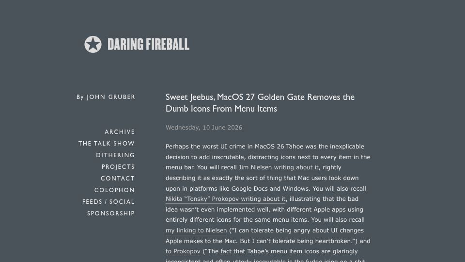Screenshot of daringfireball.net: Sweet Jeebus, macOS 27 Golden Gate Removes the Dumb Icons from Menu Items