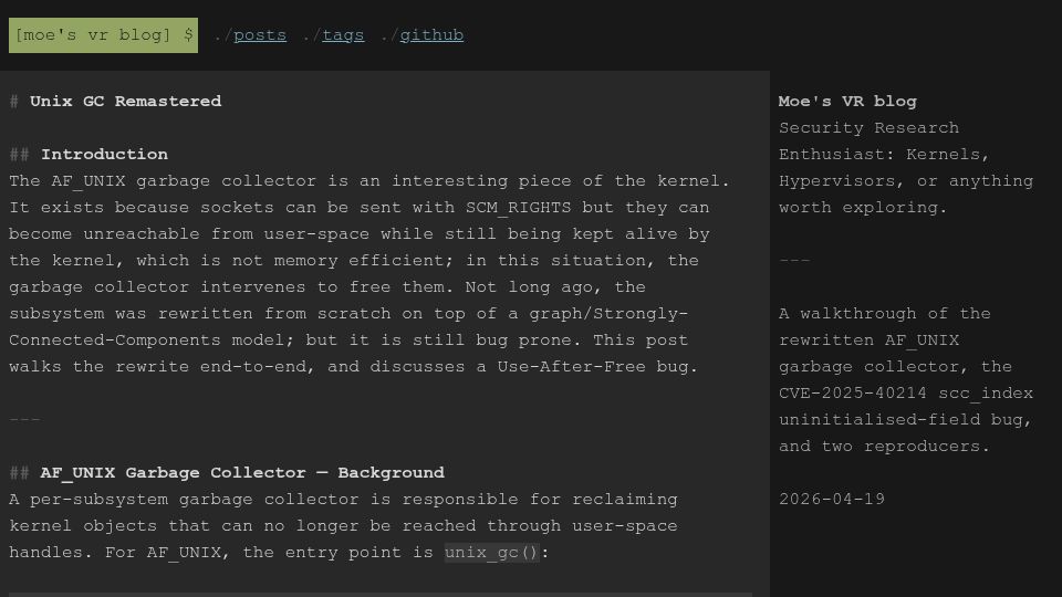 Screenshot of mohandacherir.github.io: Unix GC Remastered