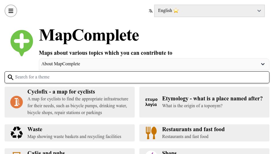 Screenshot of mapcomplete.org: MapComplete: Maps about various topics which you can contribute to