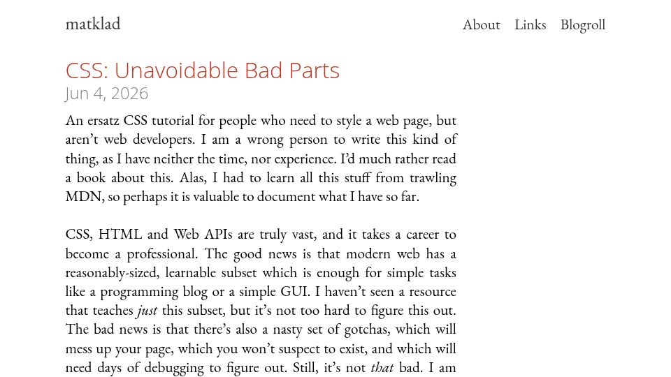 Screenshot of matklad.github.io: CSS: Unavoidable Bad Parts